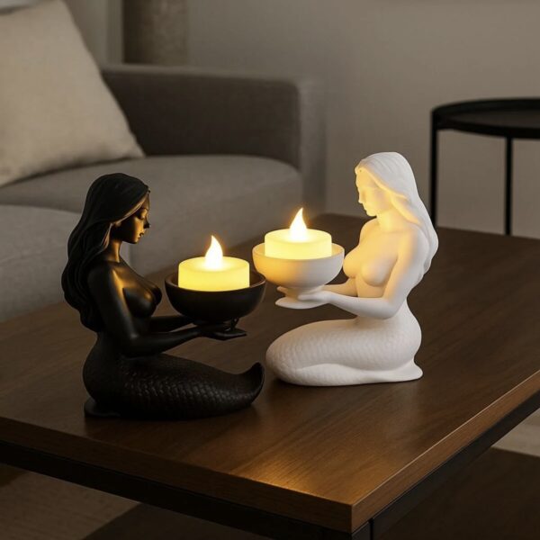 Yin-Yang Deniz Kızı Tealight Mumluk Seti - Beyaz ve Siyah Çift Figür Dekoratif Şamdan