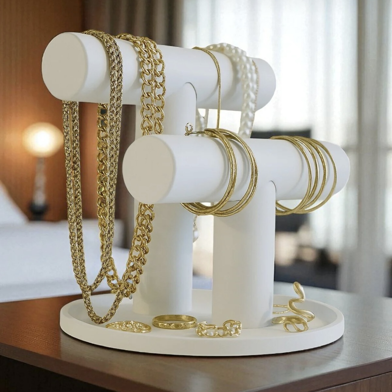 Modern T Formunda 2 Katlı Beyaz Takı Standı - Kolye, Bileklik ve Küpe Organizatörü - Görsel 3