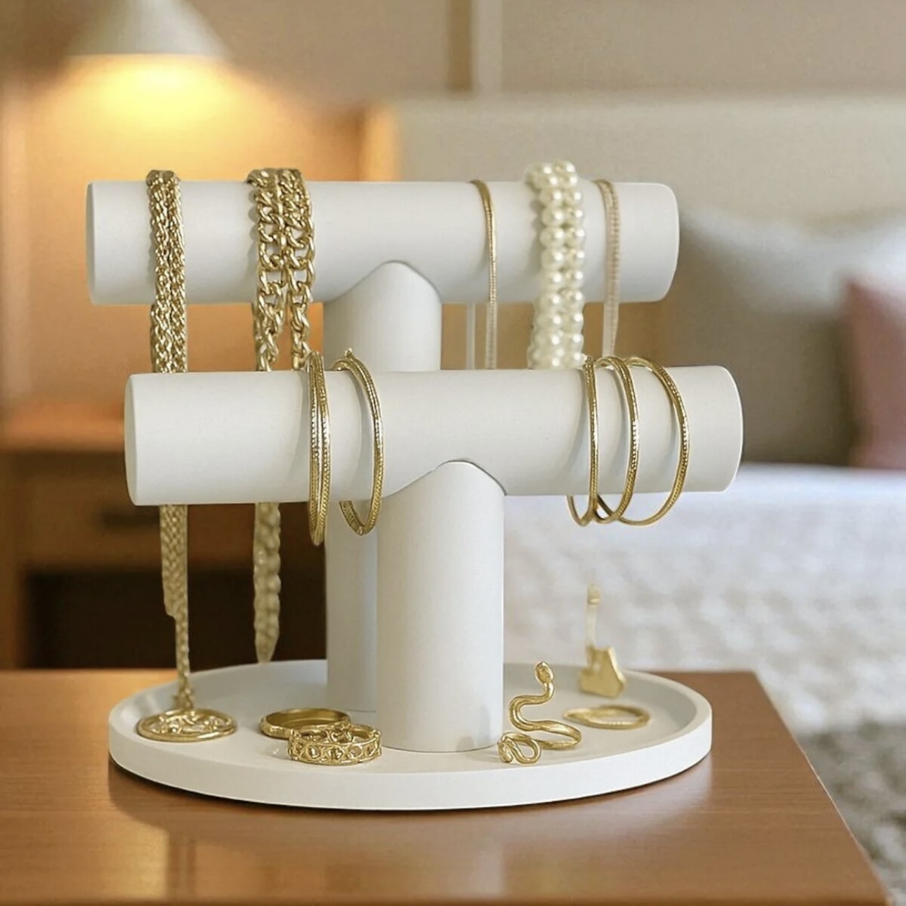 Modern T Formunda 2 Katlı Beyaz Takı Standı - Kolye, Bileklik ve Küpe Organizatörü - Görsel 2