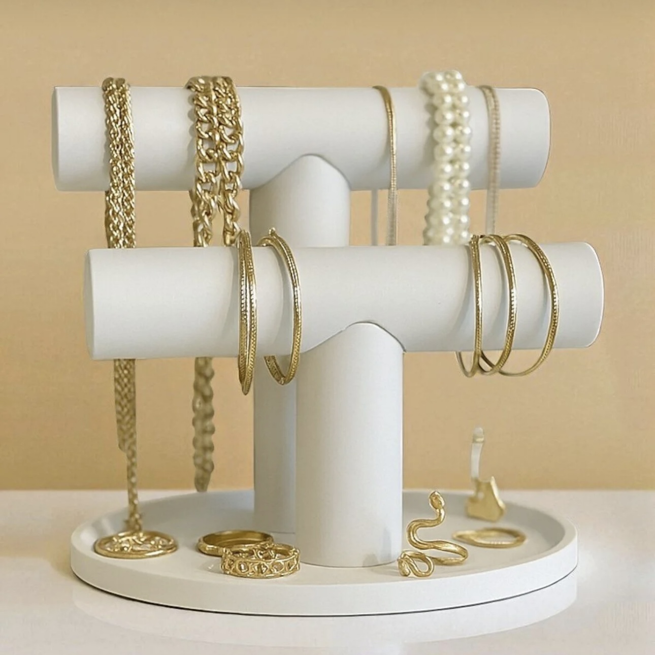 Modern T Formunda 2 Katlı Beyaz Takı Standı - Kolye, Bileklik ve Küpe Organizatörü - Görsel 4