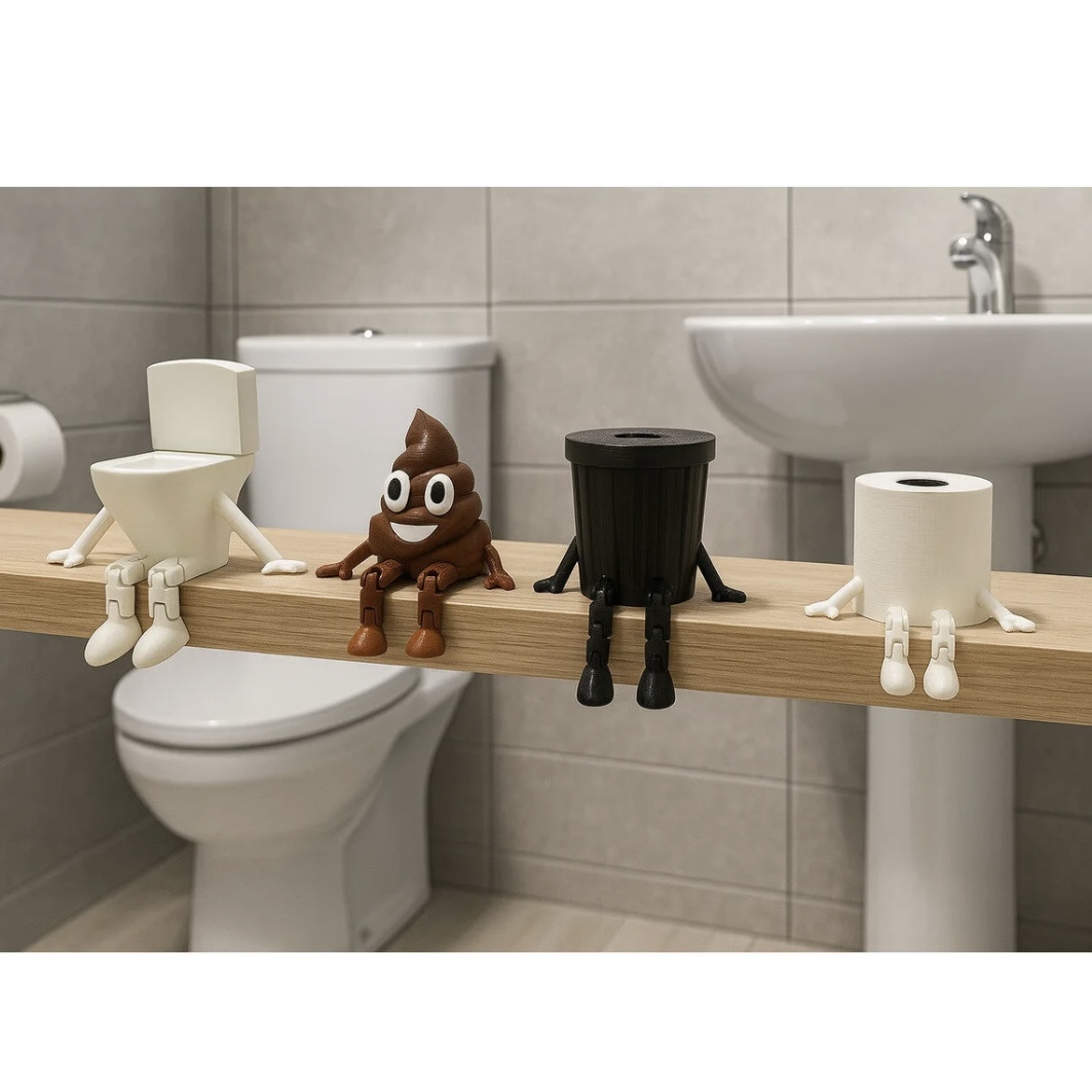 Banyo Rafı İçin 4'lü Komik Oturma Figürleri Seti - Klozet, Çöp Kutusu, Tuvalet Kağıdı ve Kaka Emoji Dekor - Görsel 4