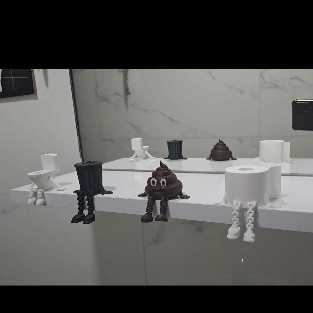 Banyo Rafı İçin 4'lü Komik Oturma Figürleri Seti - Klozet, Çöp Kutusu, Tuvalet Kağıdı ve Kaka Emoji Dekor - Görsel 3