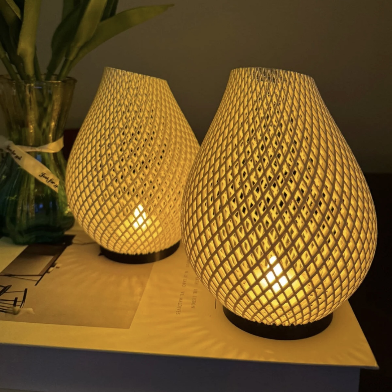 2'li SET Damla Formunda Modern Hasır Desenli LED Mumluk Seti - Dekoratif Masa Lambası