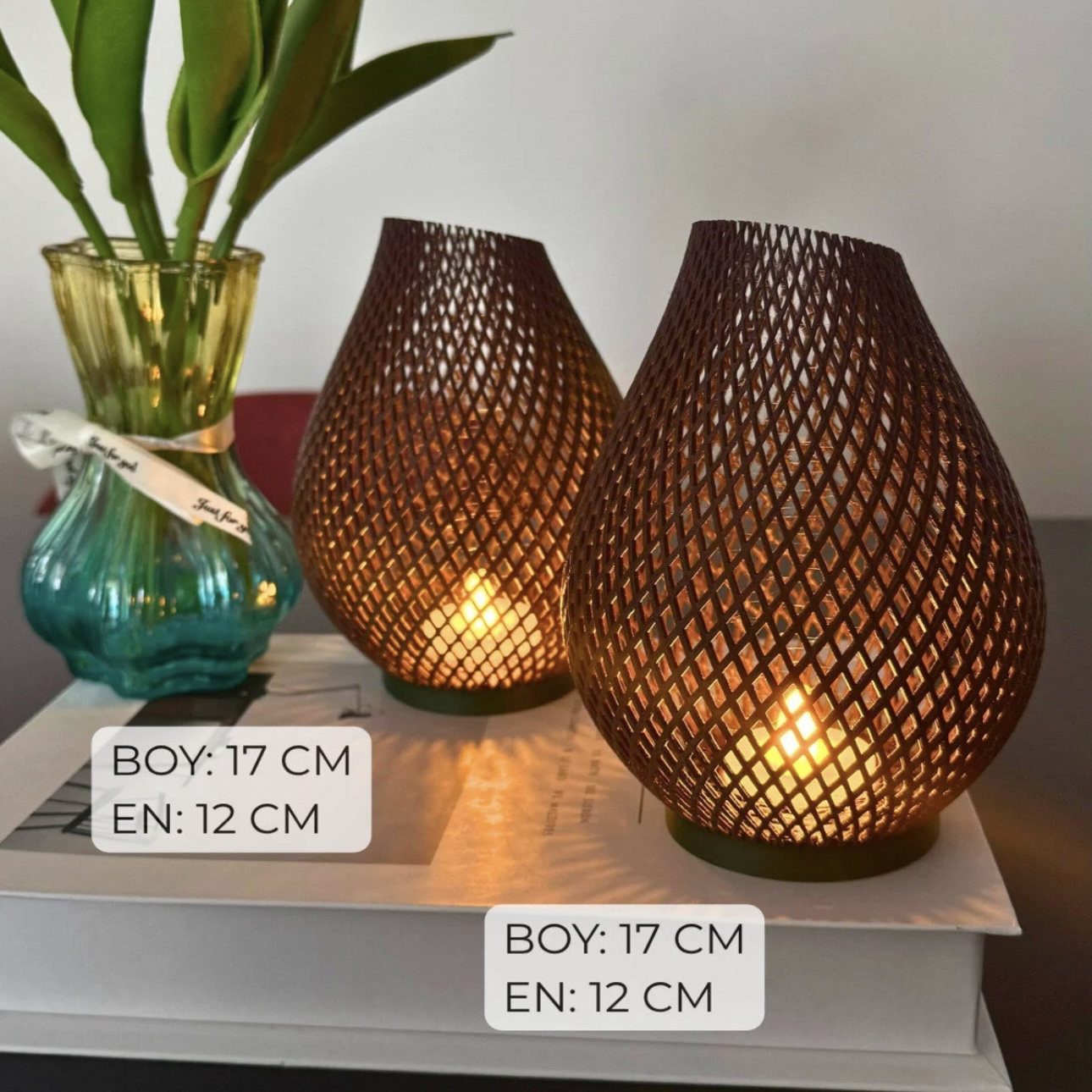 2'li SET Kahverengi Rattan Görünümlü Damla LED Mumluk Seti - Modern Örgü Masa Lambası - Görsel 3