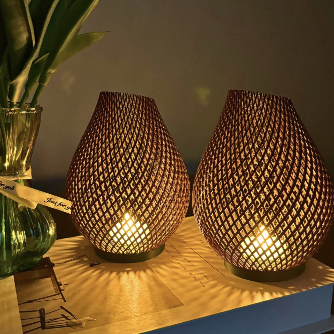 2'li SET Kahverengi Rattan Görünümlü Damla LED Mumluk Seti - Modern Örgü Masa Lambası
