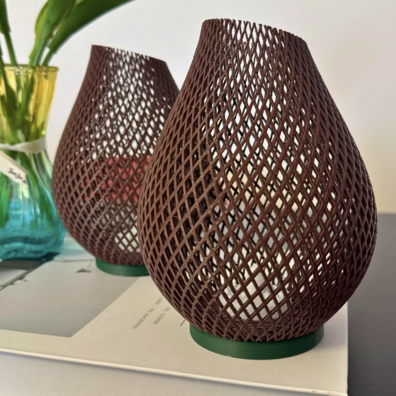 2'li SET Kahverengi Rattan Görünümlü Damla LED Mumluk Seti - Modern Örgü Masa Lambası - Görsel 4