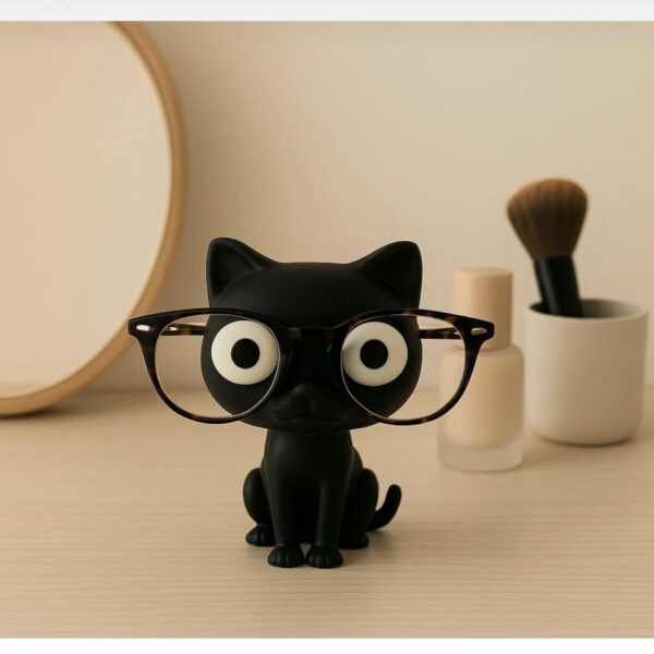 Büyük Gözlü Siyah Kedi Tasarımlı Gözlük Standı/Tutucu Figür
