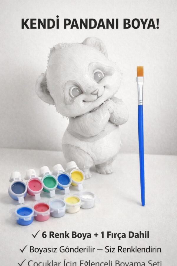 Sevimli Panda Boyama Seti – Boyasız Panda Figürü + 6 Renk Akrilik Boya & Fırça