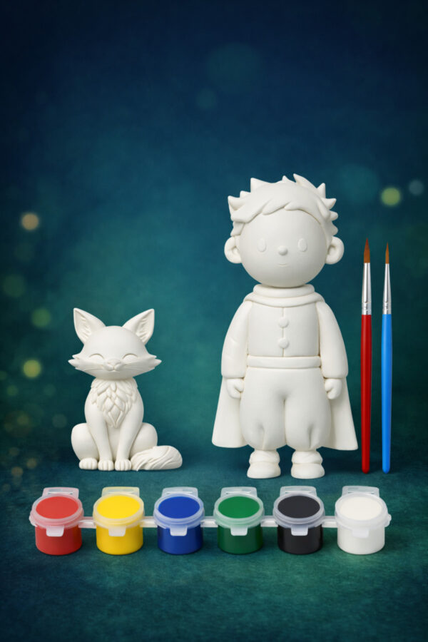 Küçük Prens ve Tilki Boyanabilir Figür Seti – 2’li | 6 Renk Akrilik Boya + 2 Fırça | Eğlenceli Hobi